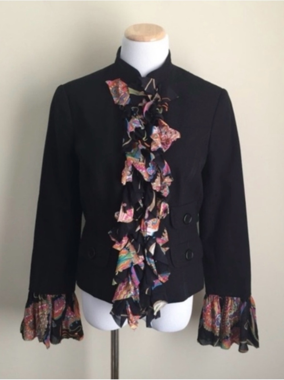 Trina Turk Black Jacket with Multicolor Paisley Ruffle